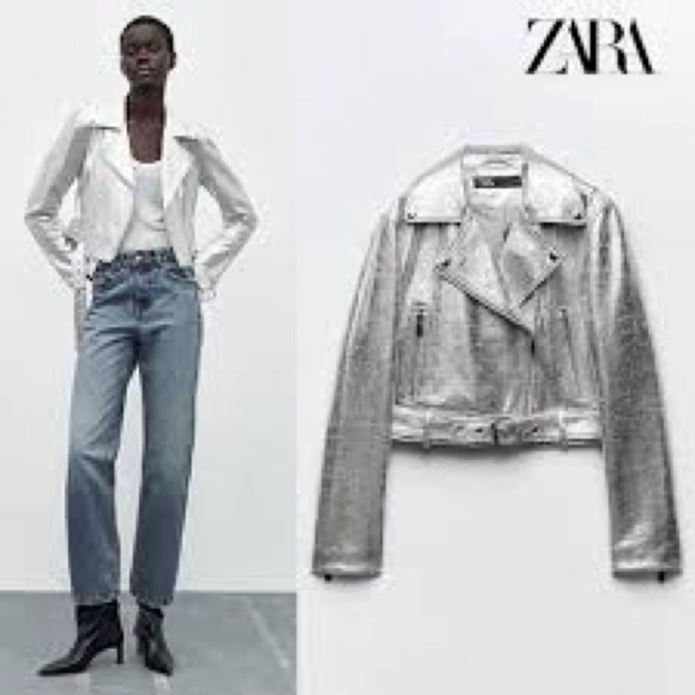 Zara Metallic Silver Biker Jacket